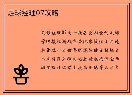 足球经理07攻略